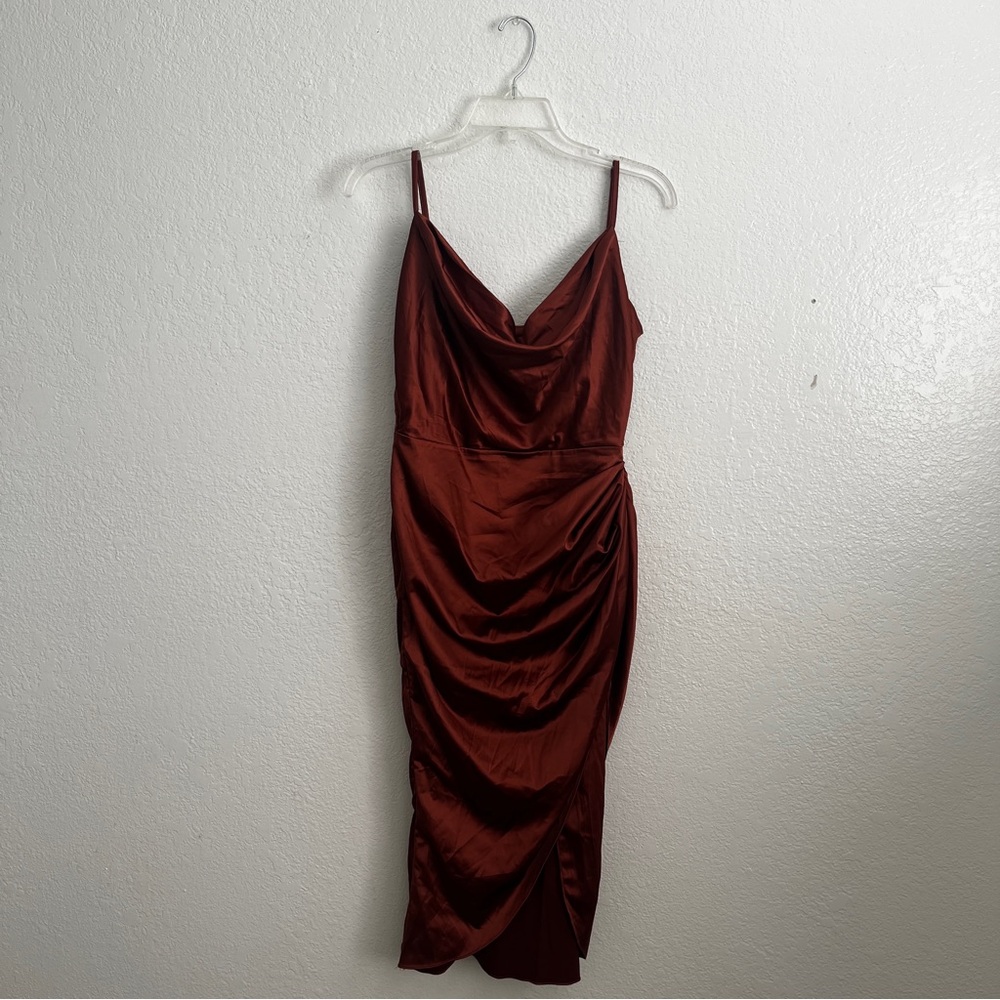PrettyLittleThing Rust Satin Midi Dress